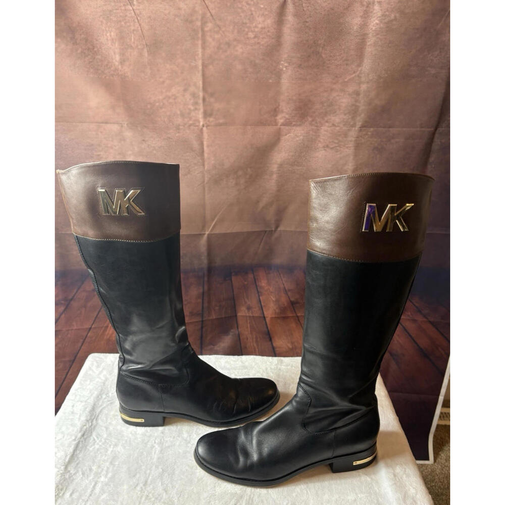 Michael Kors Hayley Black/Brown Two Tone Leather Side Zip Riding Boots Sz 9.5M - Picture 1 of 6